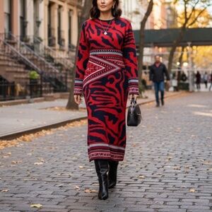 # A255 Nancy Cozy Chic knitwear Red & Black Tribal Print Dress NWT M